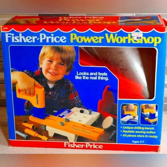 Vintage Fisher Price Power Workshop Tool Box Drill Caddy 1986 Toy With Box - Picture 1 of 11